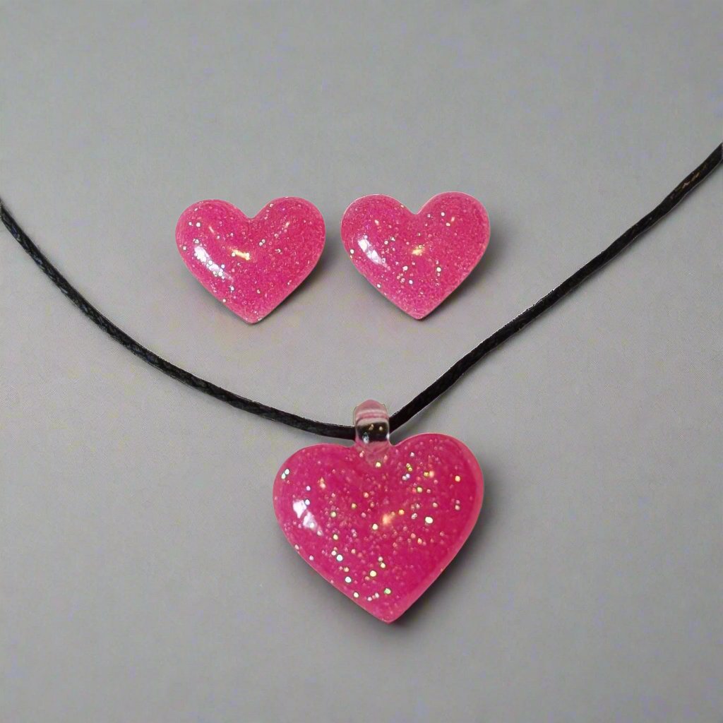 Bubble Heart Necklace & Hypoallergenic Earring Set for Sensitive Ears Made with Plastic Posts