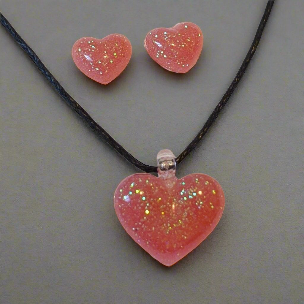 Bubble Heart Necklace & Hypoallergenic Earring Set for Sensitive Ears Made with Plastic Posts